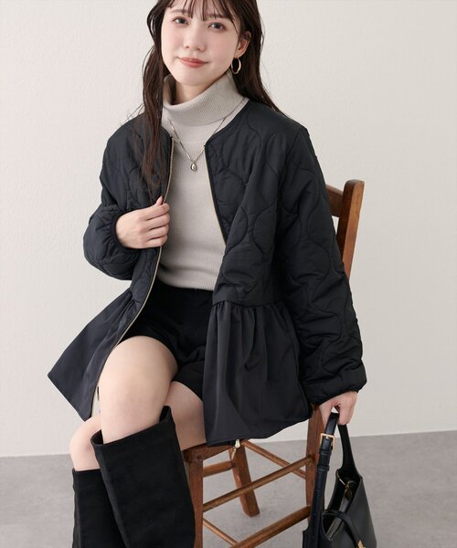 ✨美品【ラムレザーキルティングノーカラージャケット】 無地 黒色 M (23区) natural couture ジャケット ノーカラージャケット キルティング