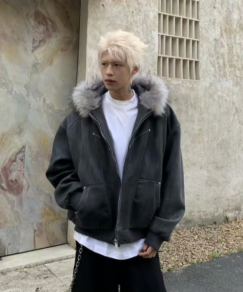 Etrarium ボアブルゾン　ブラックグレー ウール ボア ジャケット（ベージュ/チャコールグレー）｜RHC(アール