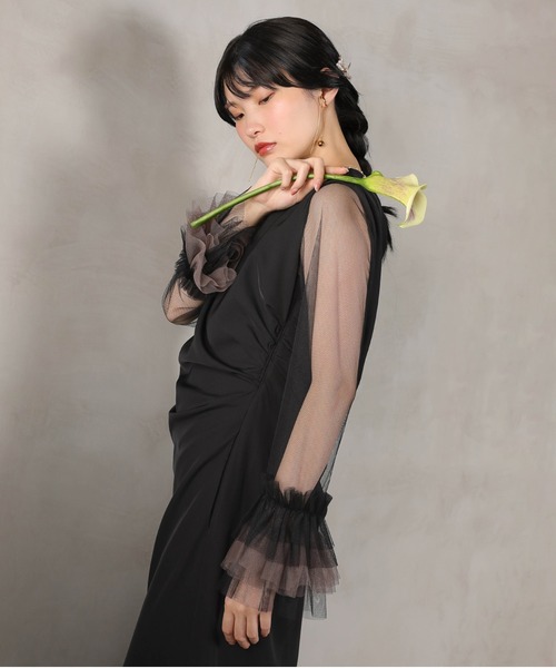 Kana ドレス チュール袖フリル ドレープワンピースドレス 2点セット