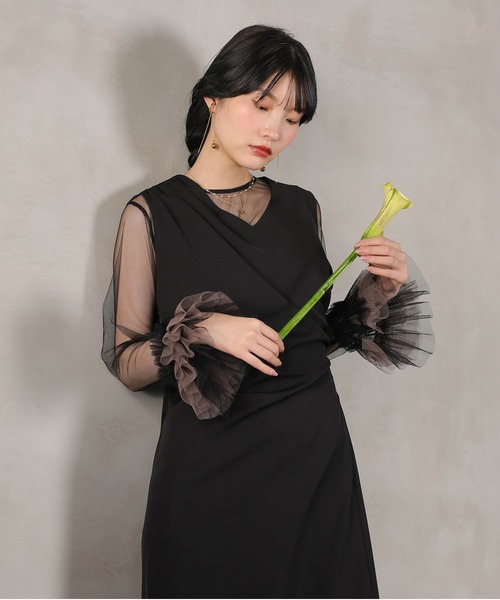 Kana ドレス チュール袖フリル ドレープワンピースドレス 2点セット