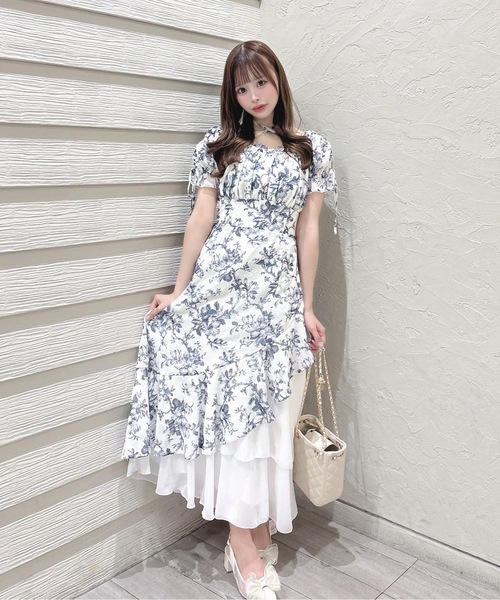 one way イレヘムロングワンピース ホワイト×青花柄 one way（ワンウェイ） ワンピース 夏 半袖 イレヘムロングワンピース