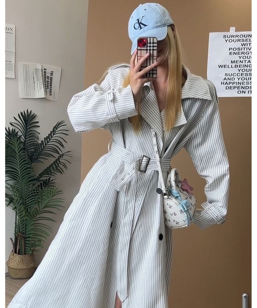 ストライプ ロングコート inst.ALL トレンチコート コート ストライプ柄ロングトレンチコート