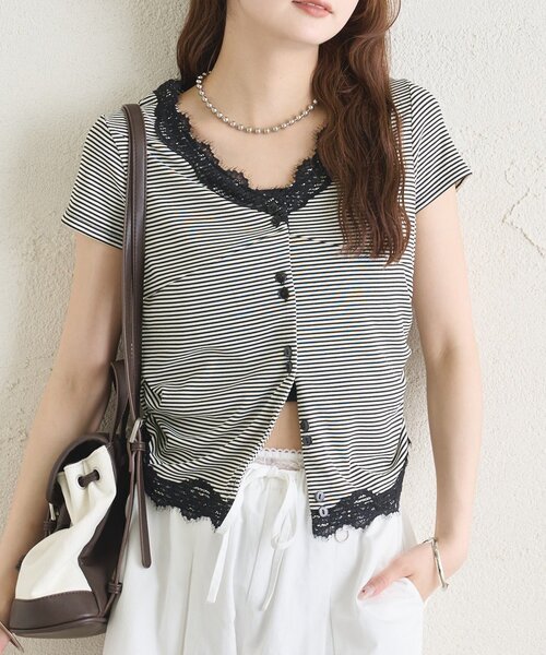 Invel クレンジング製品 シルバー袋 レディース 半袖Tシャツ サイズM mystic（ミスティック） tシャツ 半袖 VレースフレンチT レディース