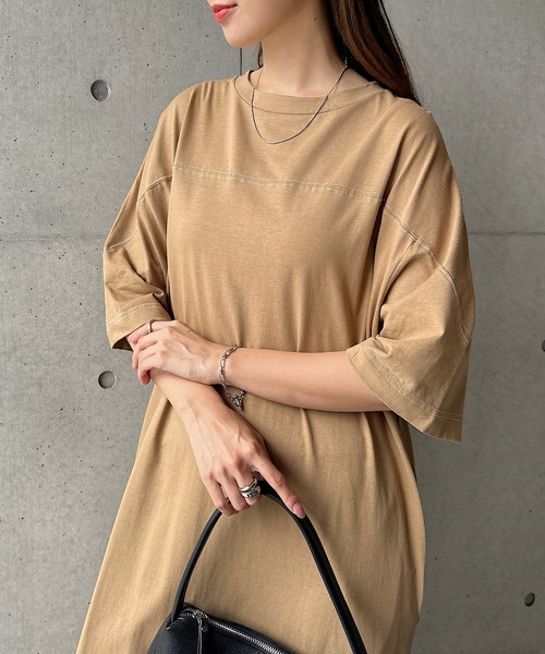 andme（アンドミー） ワンピース 夏 半袖 配色ステッチオーバーサイズ