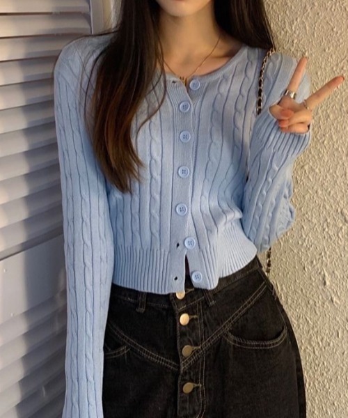 短丈ケーブルカーディガン FREE STYLISTS カーディガン 短丈ケーブルニットカーディガン
