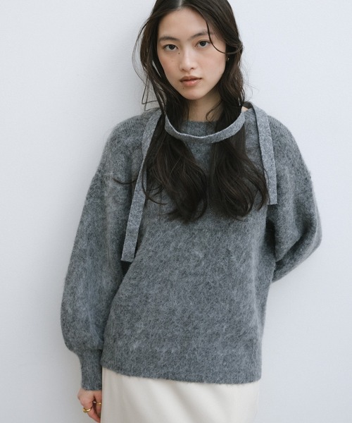 【極美品】ビスケー BC amie モヘア混 ニットカーディガン 日本製 グレー 予約]ウール混モヘアタッチシャギーニットカーディガン/チャコール