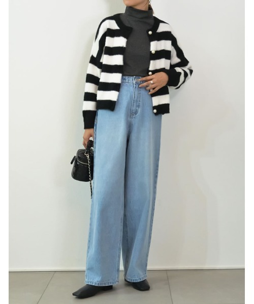 Re:EDIT（リエディ） カーディガン 無地orボーダーパール付きフェザー