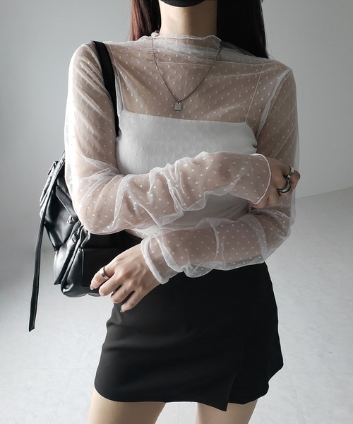 me+em select tシャツ 「 3color 」ドットチュールハイネック