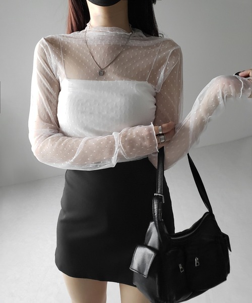 me+em select tシャツ 「 3color 」ドットチュールハイネック