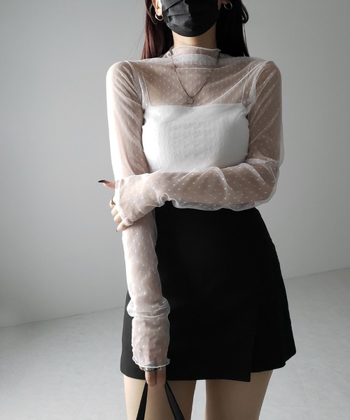 me+em select tシャツ 「 3color 」ドットチュールハイネック