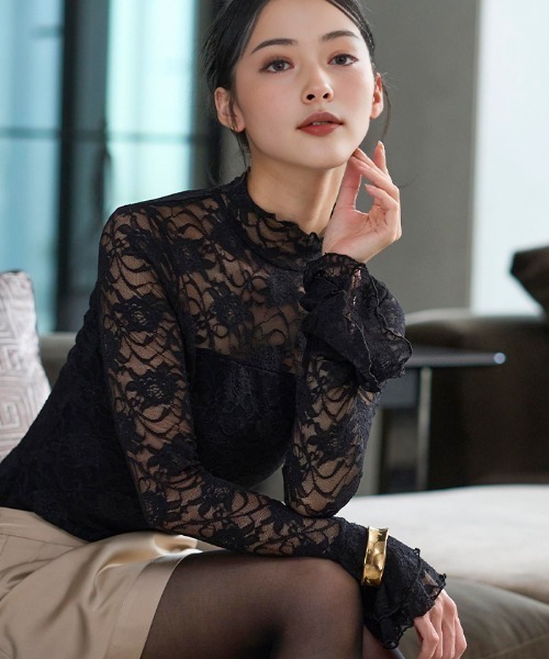 tシャツ ジャージーレースフリルロングスリーブトップス レディース