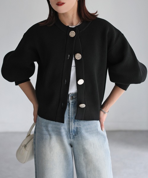 Riberry（リベリー） カーディガン ビックボタン畦編みニットショート