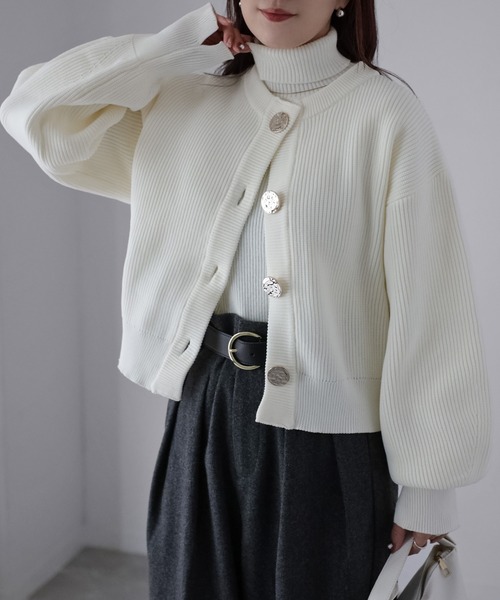 Riberry（リベリー） カーディガン ビックボタン畦編みニットショート