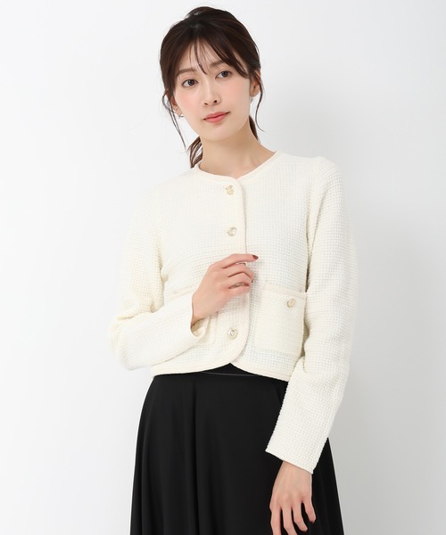 【美品】HALF-NOTE ベージュ ジャケット USAGI ONLINE・ZOZO限定】パイル編みショート丈金釦ニット