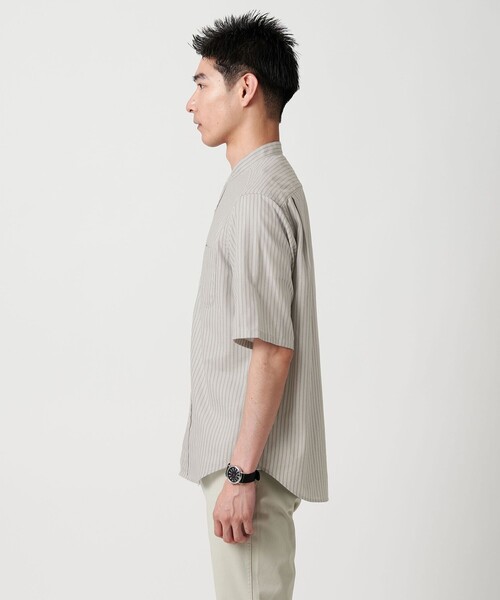 【green label relaxing】半袖シャツ バンドカラー ネイビー green label relaxing シャツ ウォッシャブルトロ バンドカラー