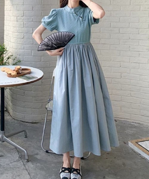 【美品】半額！Doux Avenir  パフスリーブワンピース ワンピース チャイナカラー パフスリーブワンピース : ZOZOTOWN