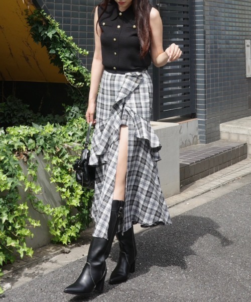 rienda チェックフリルスリットスコートショートパンツ rienda | チェックフリルスリットスコートショートパンツ