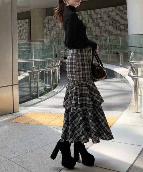 rienda スカート 「2025AW」チェックフリルスリットスコート