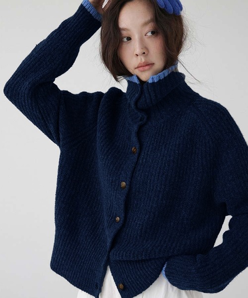yori ヨリ　配色ニットカーディガン　ネイビー natural couture カーディガン 配色衿ニット羽織 レディース