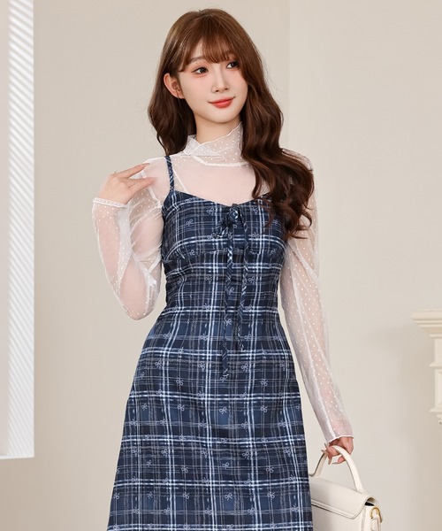 Anely ワンピース チェック リボン柄 ロング キャミソール ワンピース