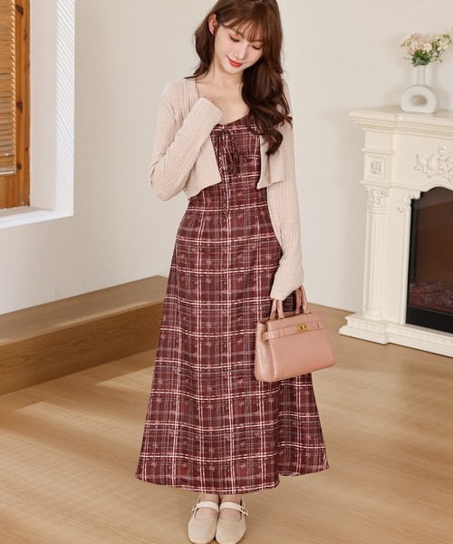 Anely ワンピース チェック リボン柄 ロング キャミソール ワンピース