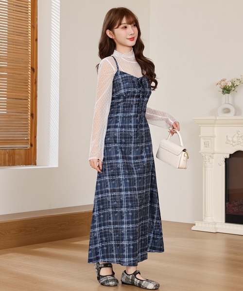 Anely ワンピース チェック リボン柄 ロング キャミソール ワンピース