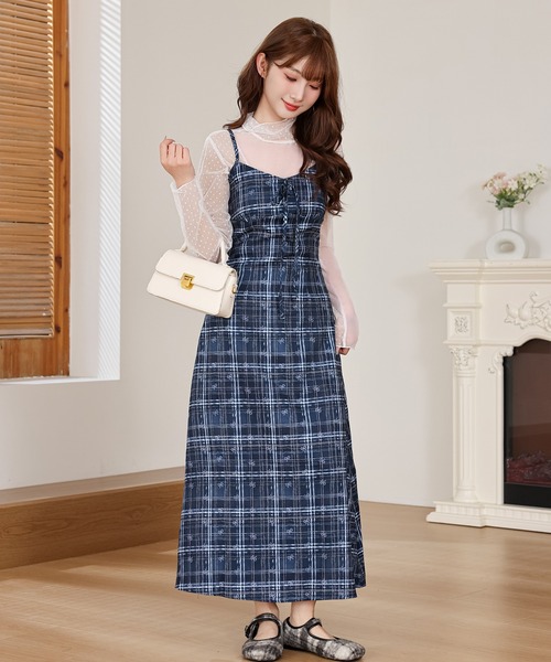 Anely ワンピース チェック リボン柄 ロング キャミソール ワンピース