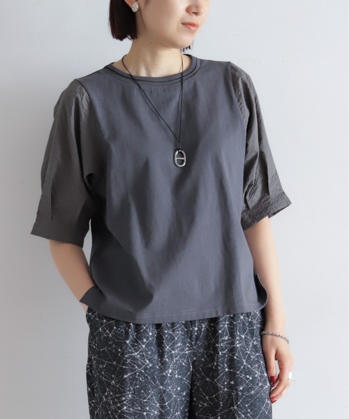 tシャツ ハシゴ刺繍布帛カットコンビ　5分袖プルオーバー レディースの画像