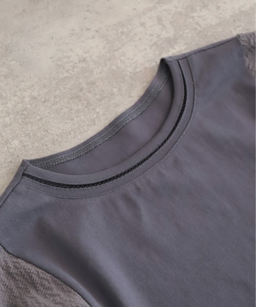 tシャツ ハシゴ刺繍布帛カットコンビ　5分袖プルオーバー レディースの画像