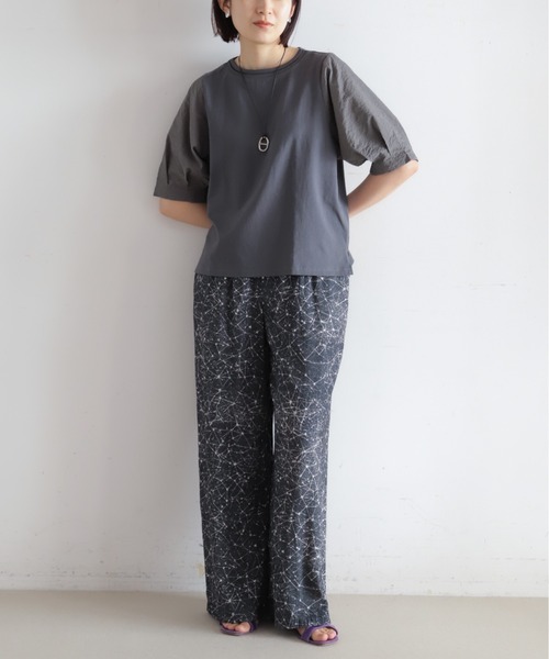 tシャツ ハシゴ刺繍布帛カットコンビ　5分袖プルオーバー レディースの画像