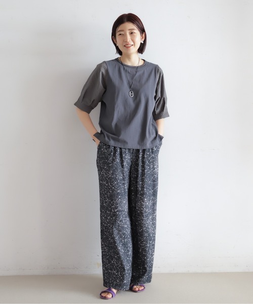 tシャツ ハシゴ刺繍布帛カットコンビ　5分袖プルオーバー レディースの画像