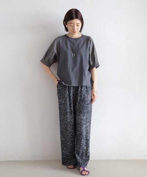 tシャツ ハシゴ刺繍布帛カットコンビ　5分袖プルオーバー レディースの画像
