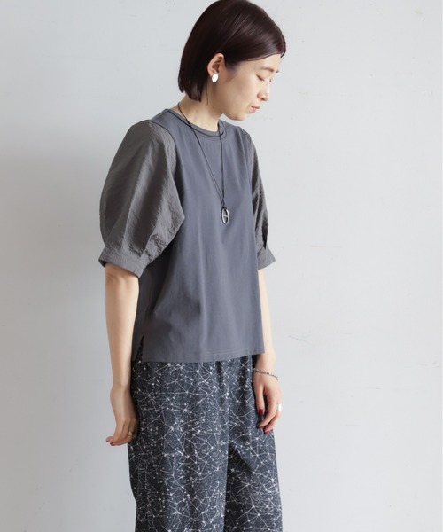 tシャツ ハシゴ刺繍布帛カットコンビ　5分袖プルオーバー レディースの画像