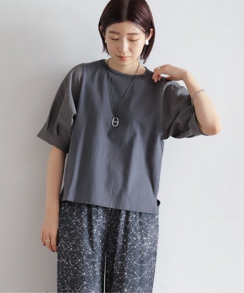 tシャツ ハシゴ刺繍布帛カットコンビ　5分袖プルオーバー レディースの画像