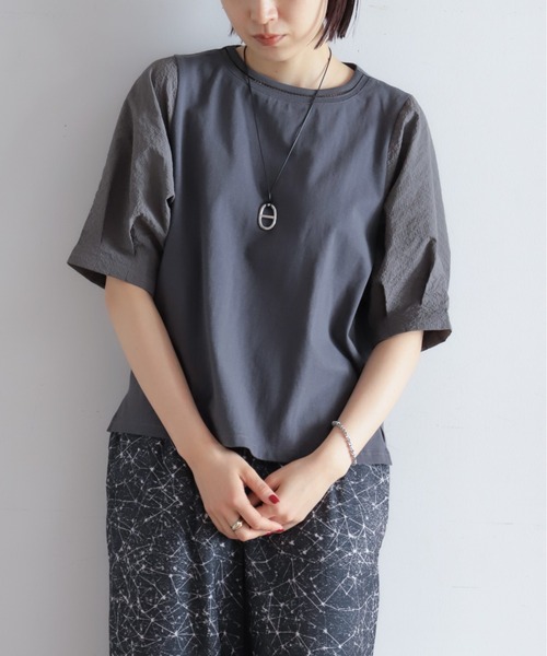tシャツ ハシゴ刺繍布帛カットコンビ　5分袖プルオーバー レディースの画像