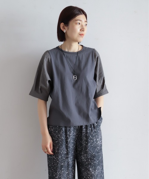 tシャツ ハシゴ刺繍布帛カットコンビ　5分袖プルオーバー レディースの画像