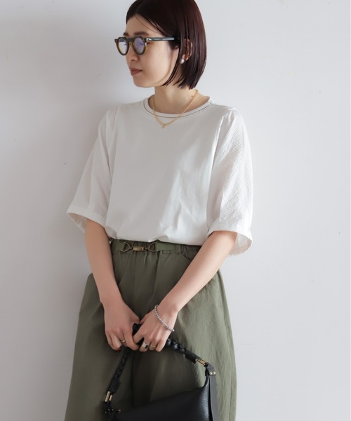 tシャツ ハシゴ刺繍布帛カットコンビ　5分袖プルオーバー レディースの画像
