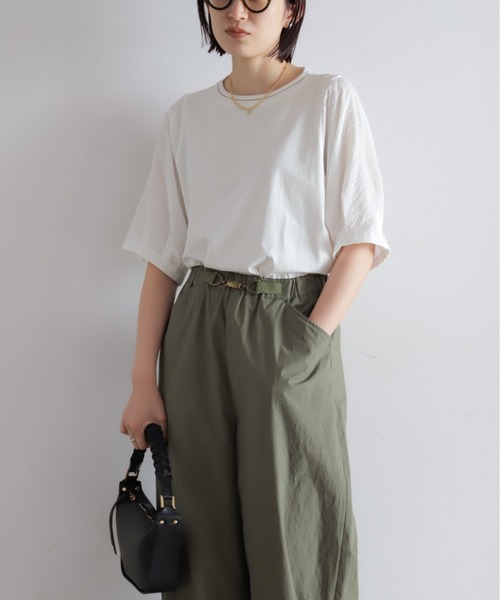 tシャツ ハシゴ刺繍布帛カットコンビ　5分袖プルオーバー レディースの画像