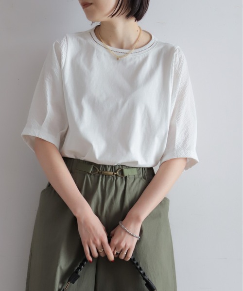 tシャツ ハシゴ刺繍布帛カットコンビ　5分袖プルオーバー レディースの画像