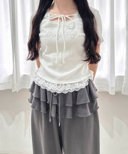 INGNI（イング） tシャツ 半袖 リボン付レース出しラインストーンロゴ