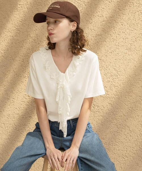 URBAN RESEARCH Sonny Label tシャツ 半袖 Vネックフリルレースカラー
