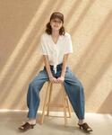 tシャツ 半袖 Vネックフリルレースカラープル...の詳細画像1