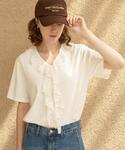 tシャツ 半袖 Vネックフリルレースカラープル...の詳細画像3