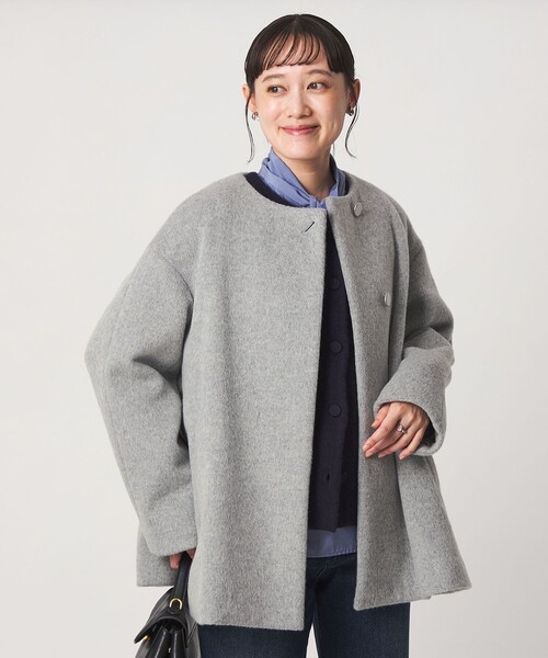 【新品同様】アンゴラビーバー ノーカラー ミドル コート green label relaxing（グリーンレーベルリラクシング） ノーカラー