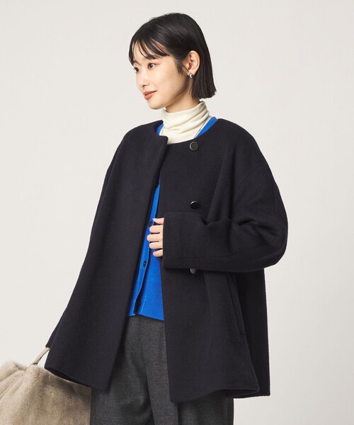 GREEN LABEL RELAXING ノーカラーコート　ネイビー　サイズ40 green label relaxing レディースノーカラーコート｜コート