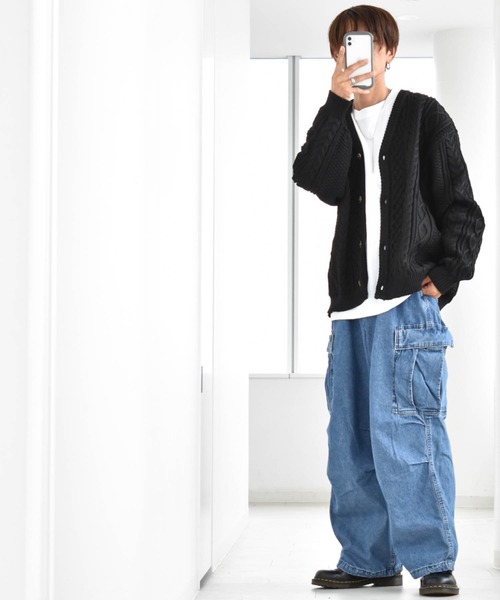 カーディガン アラン編みニットルーズVネックカーディガン レディース