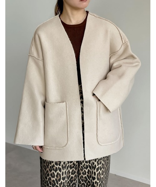 専用　新品✨BEIGE,　ノーカラーリバージャケット　ダブルフェイス 楽天市場】大人上品ジャケット ウール100％ ノーカラージャケット
