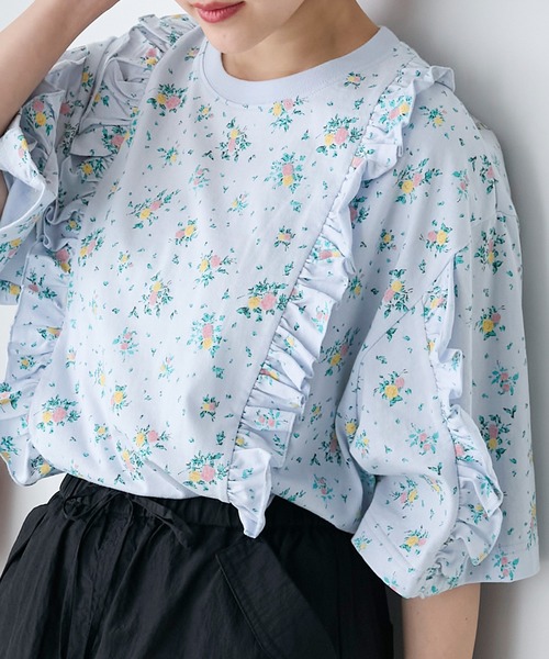 tシャツ オーバーフリルTシャツ レディース forksy. tシャツ 「forksy.」フラワープリントオーバーサイズ