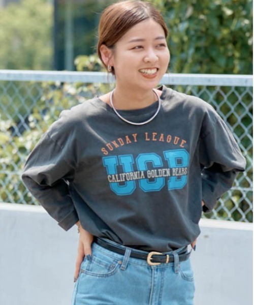 tシャツ カレッジロゴプリント　8分袖TEE レディース