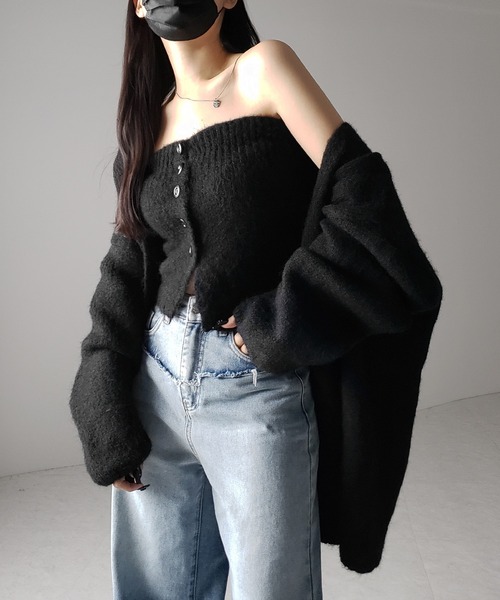アンサンブル 「 ２点セット 」ニットボタンビスチェ ＋ロングカーディガンセット ／ knit  button bustier + long card